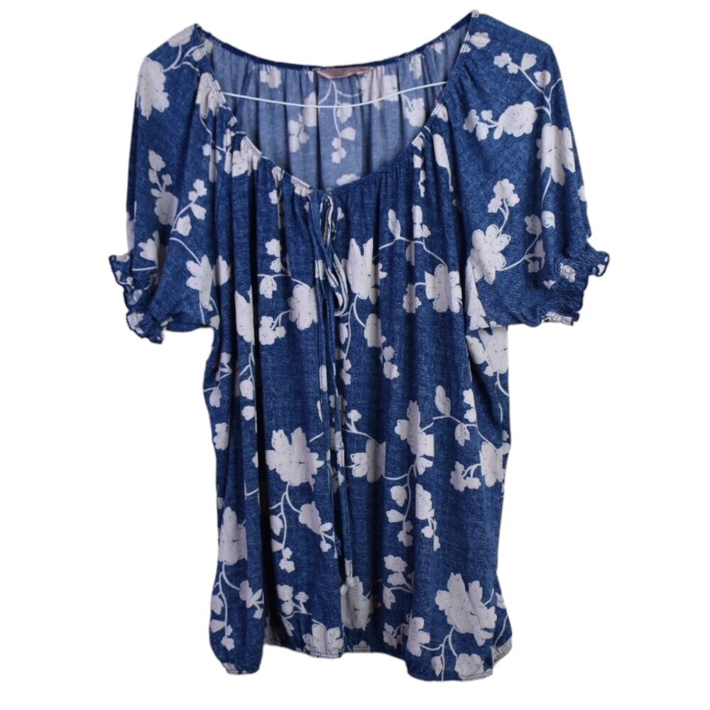 SJS Blouse 2X Womens Floral Print Peasant Renaissance Tie Front Stretch Boho
